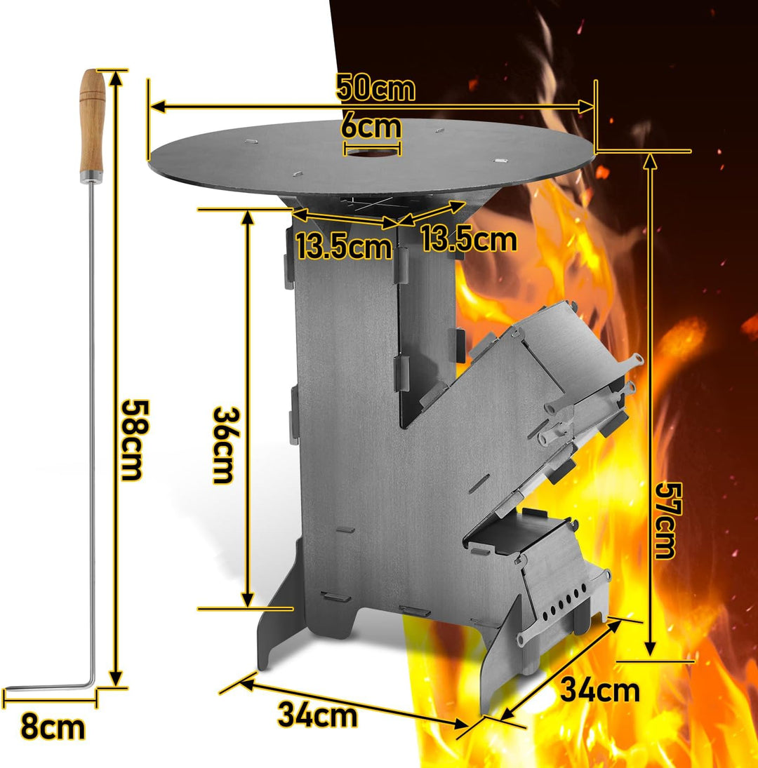 Jiubiaz Raketenofen inkl. Grillplatte Rocket Stove mit Feuerhaken und 2 zusätzlichen Standfüssen Cam
