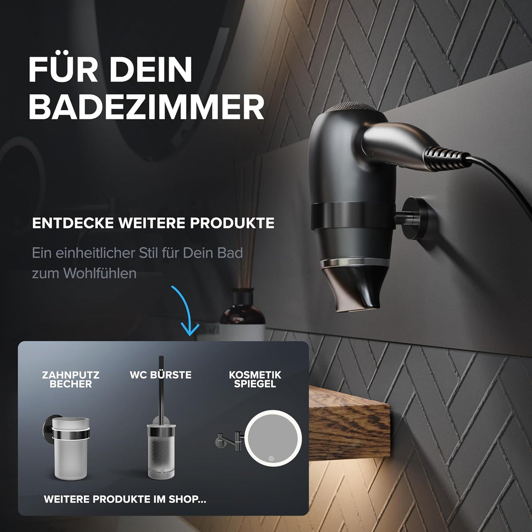 Haartrocknerhalter Mesmogtind | Edelstahl | Gunmetal | Wandmontage zum Bohren | mit Fönpolsterung |