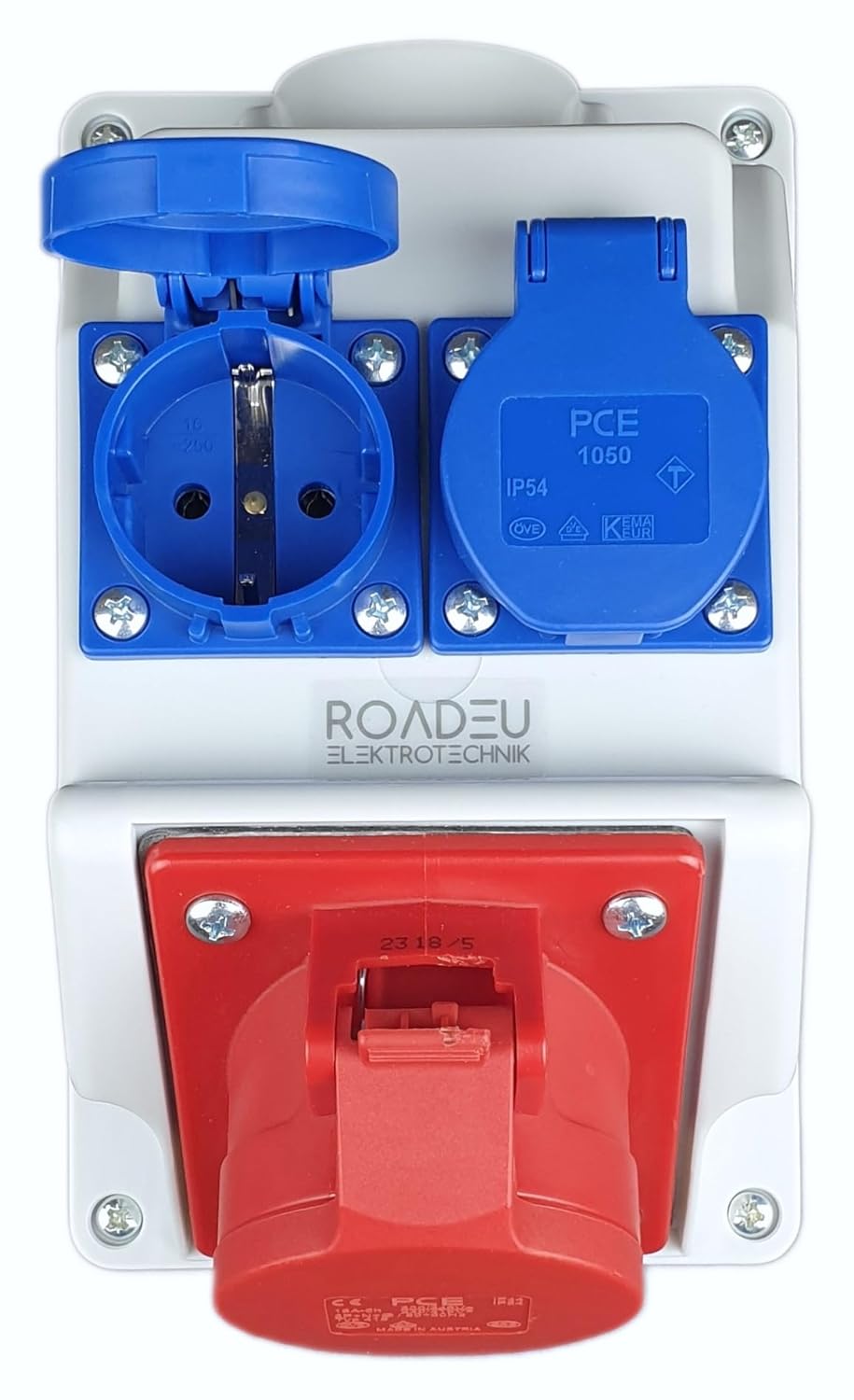 RoadEu - Kombi Wandsteckdose 16A 5P - Wandverteiler 16A mit 2x Schuko 230V - Stromverteiler IP44 - I
