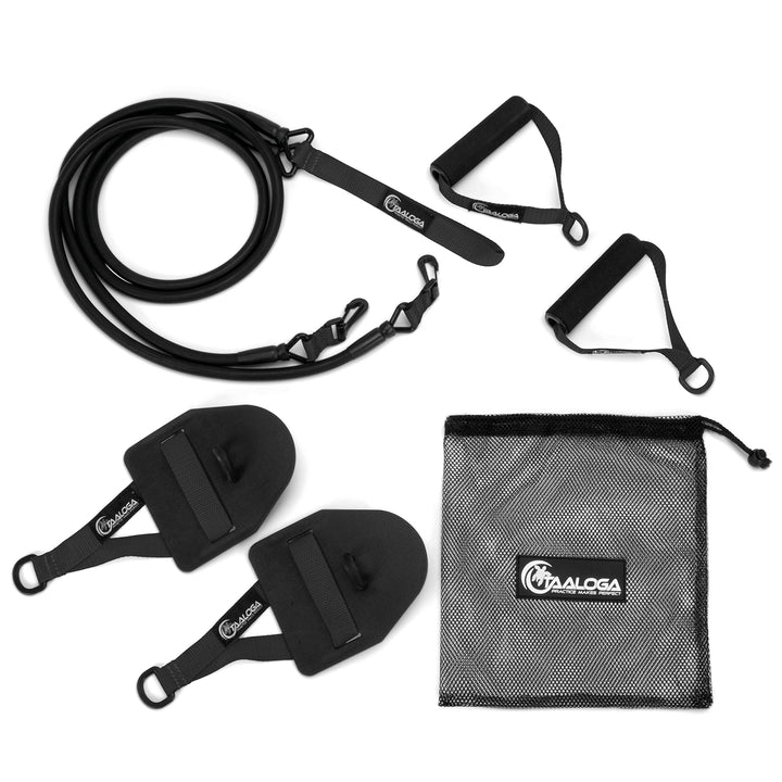 TAALOGA® 2in1 Zugseil Schwimmtraining Zugseiltraining mit Handpaddles und Griffen Schwarz, Schwarz