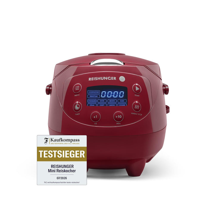 REISHUNGER Digitaler Reiskocher klein, bordeaux | 0,6 L bis 3 Personen | Warmhaltefunktion, Timer &amp;