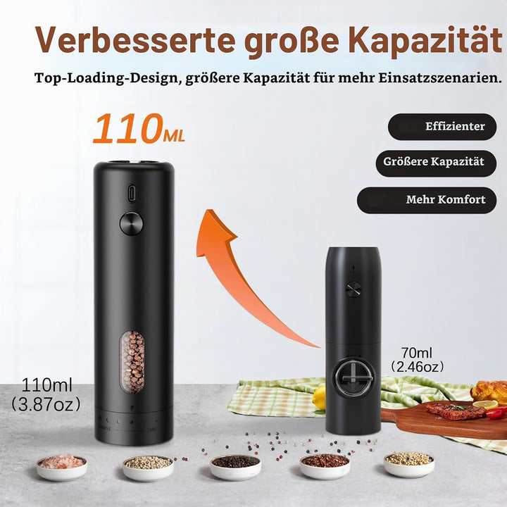 Elektrische Pfeffermühle USB-aufladbar, Automatische Salz Pfeffermühle mit Grossem Fassungsvermögen