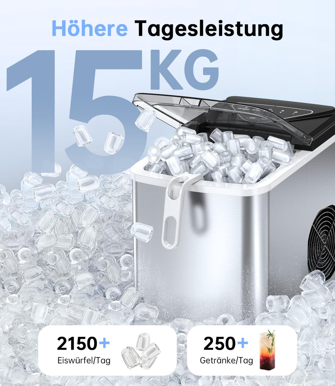WIE Eiswürfelmaschine, 15KG Eiswürfelbereiter Ice Maker, 9 Würfel in 6 Min, Eiswürfelmaschinen mit T