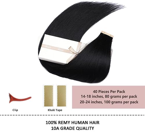 HotLulana Tape Extensions Echthaar Tief Schwarz Extensions Echthaar 20zoll/50cm 50g Skin Weft 100% N