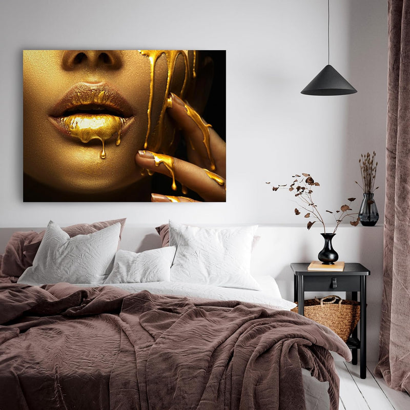 wandmotiv24 Leinwand-Bild Gold Collection, Grösse 40x30cm, Querformat, Frau in Gold, tropfende Farbe