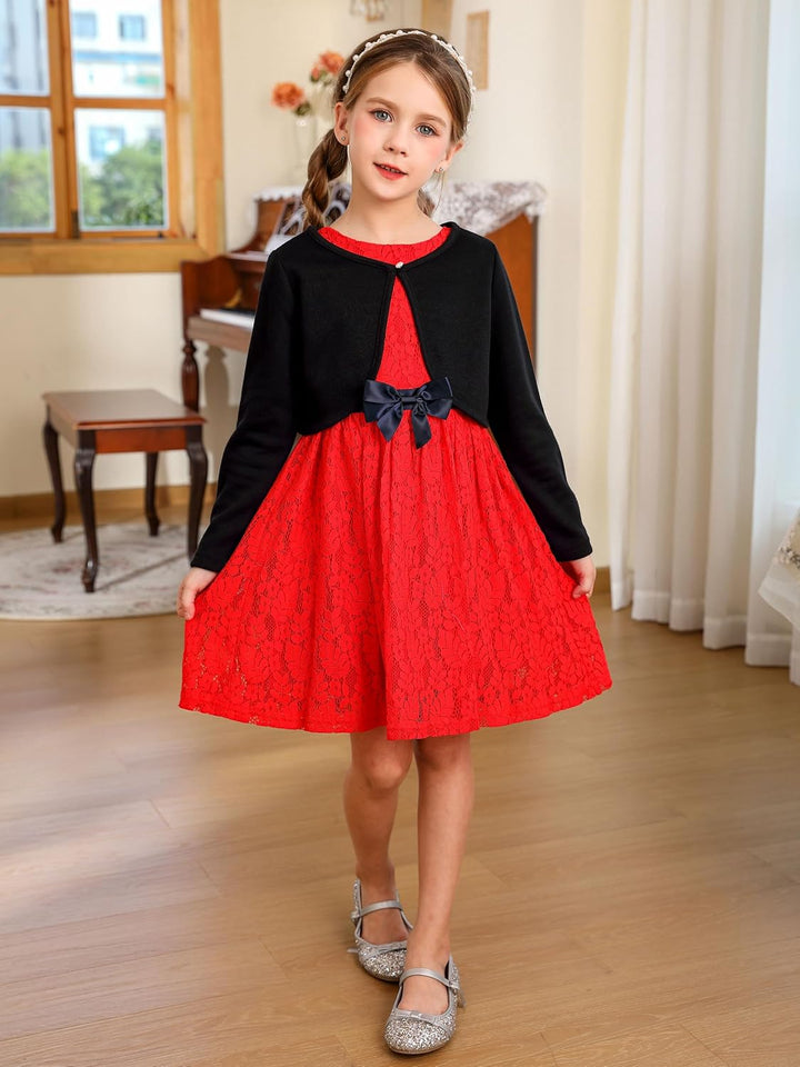 BONNY BILLY Mädchen Kleider Spitze Festlich Hochzeit Kinder Sommerkleid Winterkleid mit Schleife 5-6