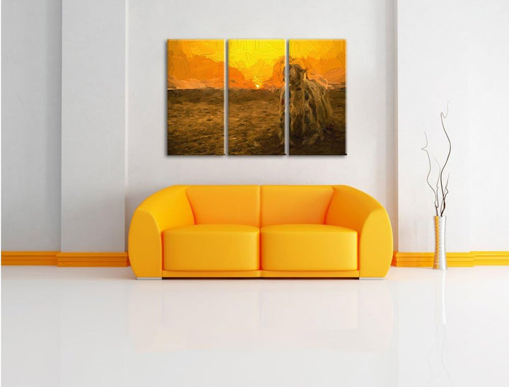 Pixxprint Kamel in ägyptischer Wüste / 3-Teilig/Gesamtmass 120cm Leinwandbild bespannt auf Holzrahme
