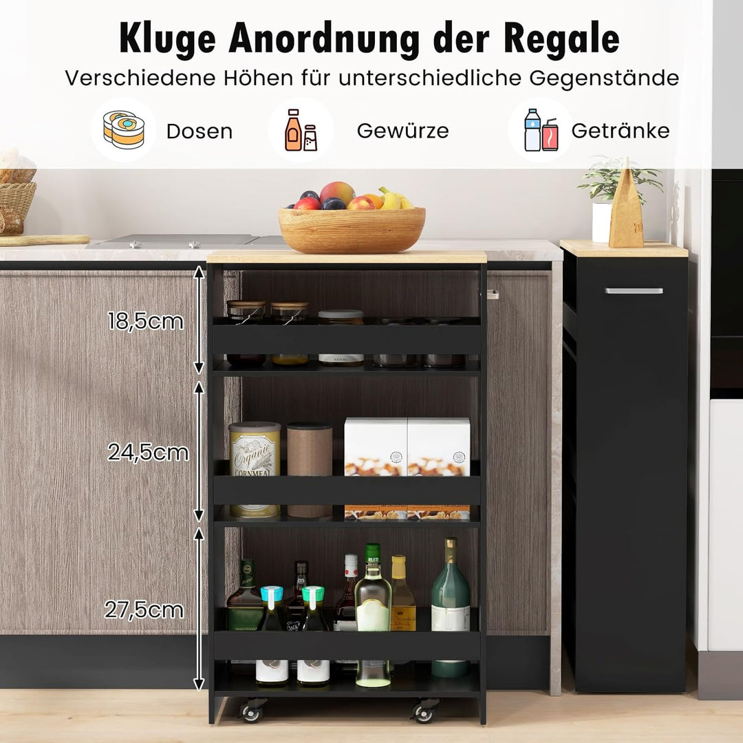 COSTWAY Nischenwagen 20cm breit, 4 Etagen Küchenwagen schmal, Nischenregal auf Rollen, Servierwagen