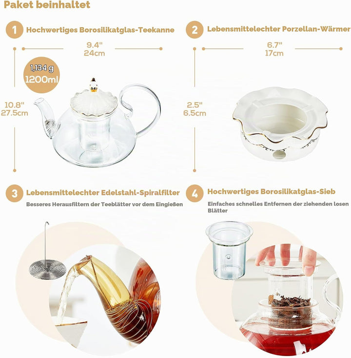 DUJUST Teekannen mit Stövchen Set, Luxuriöses Britisches Design mit Reliefdekor und Goldverzierungen