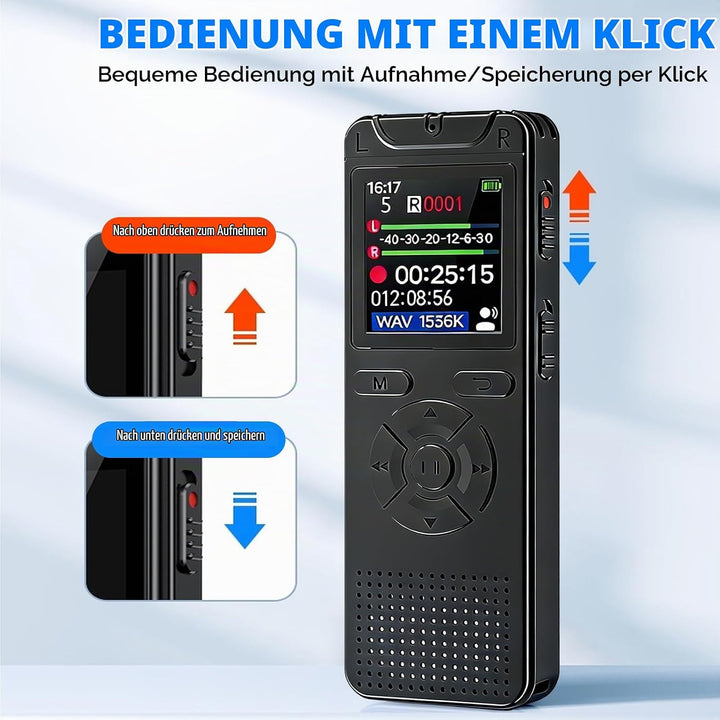 Diktiergerät Aufnahmegerät mit Playback 32GB, 1536Kpbs Stunden Audioaufnahmegerät MP3 Voice Recorder