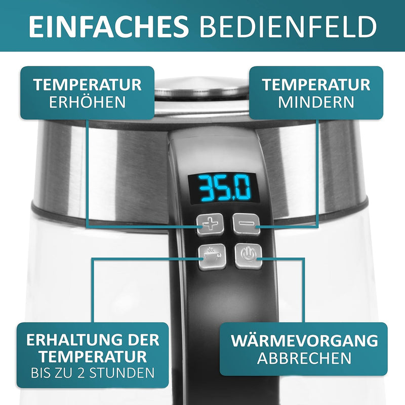 Glas Wasserkocher 1,7 Liter | 2200 Watt | Edelstahl mit Temperaturwahl | Teekocher | 100% BPA FREI |