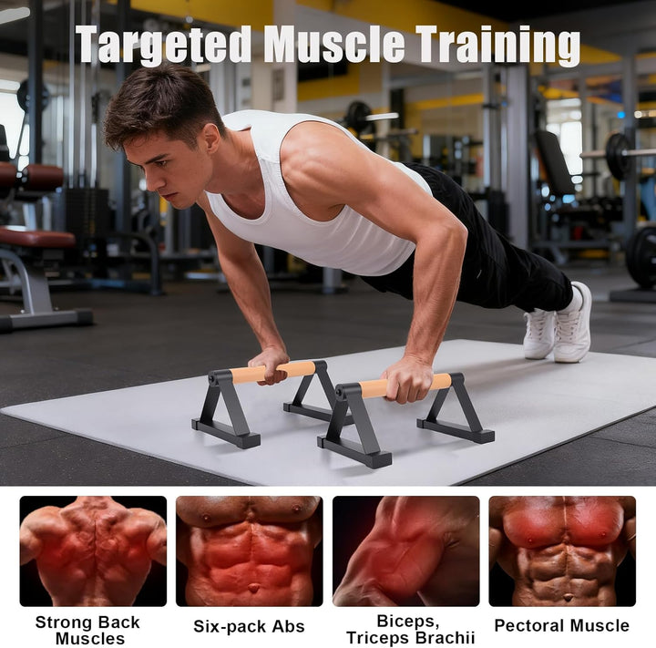 Parallettes Stäbe，Massivholz mit stabilem Metall Dreieck Halterung Push up Bars，Anti-Rutsch Handstan