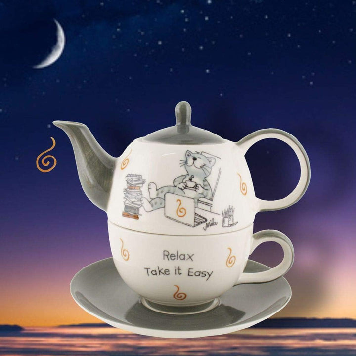 Mila Keramik Tee-Set-Tea for One Oommh Katze Relax - take it Easy Home-Office | MI-992271| 404530300