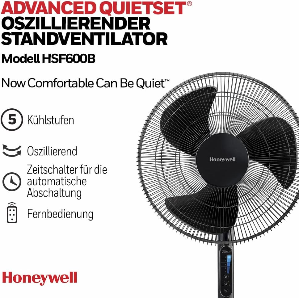 Honeywell Advanced QuietSet Oszillierender Standventilator (5 Geschwindigkeitseinstellungen, Timer-F