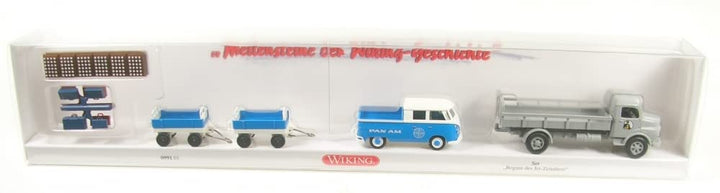 Wiking 099101 Set Beginn des Jet-Zeitalters VW-Doppelkabine MB-Getränkelieferwagen Kofferkulis Spur