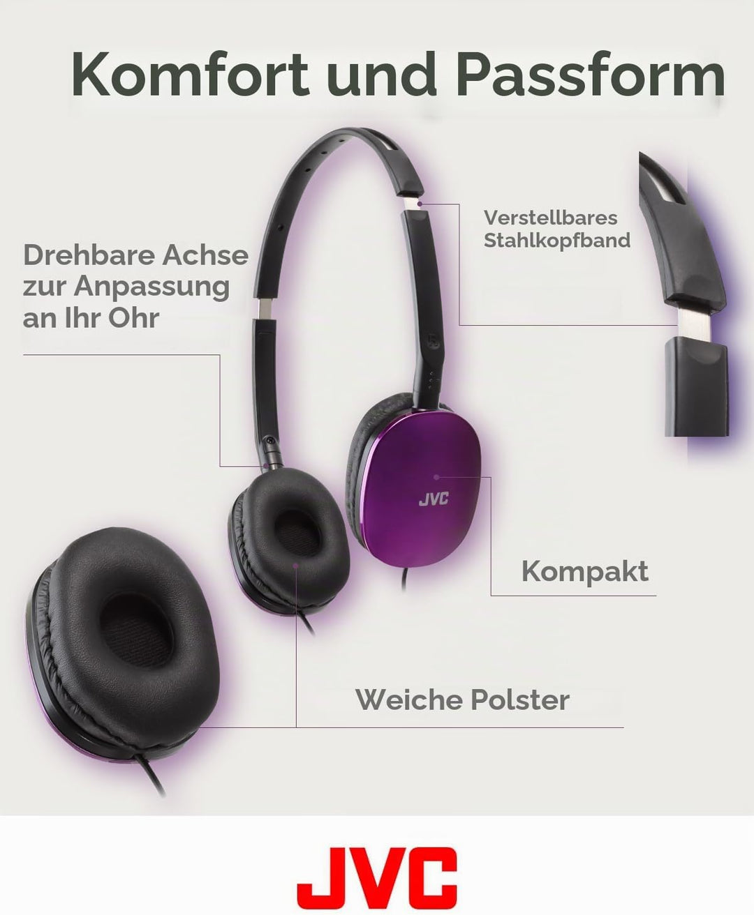 JVC HA-S160M-V - Flats Faltbarer und kompakter Kopfhörer in Glossy Trendfarbe, mit Schalter für Mikr