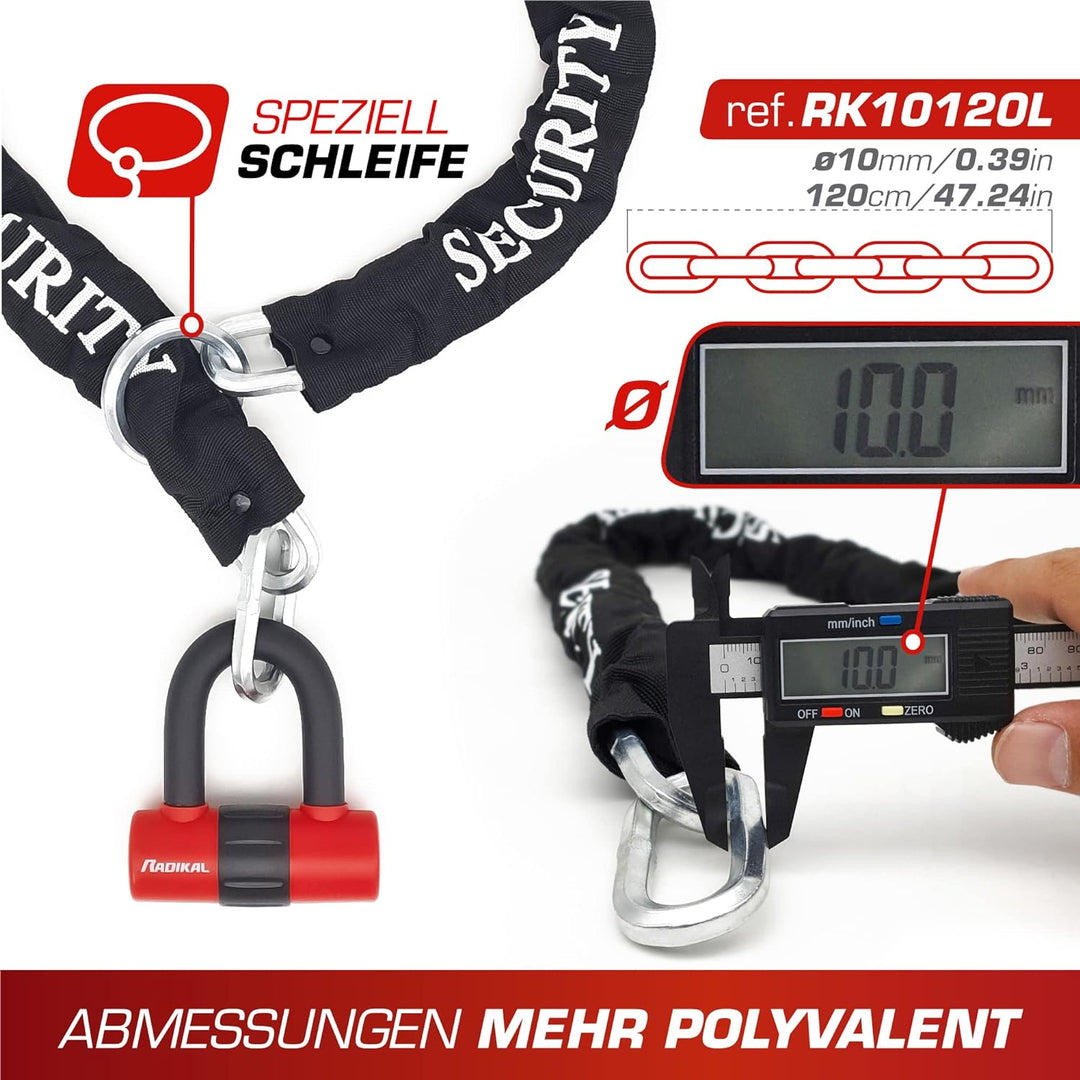 RADIKAL RK72120L Diebstahlsicherung Motorrad 2 in 1 Doppelfunktion Kettenschlaufe 120 cm und Mini U