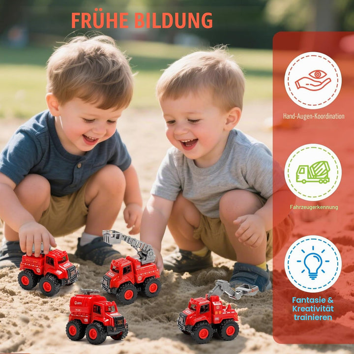 4er Set Feuerwehrautos Spielzeug für Kinder – Push and Go Feuerwehr Fahrzeuge ohne Batterie – Inkl.