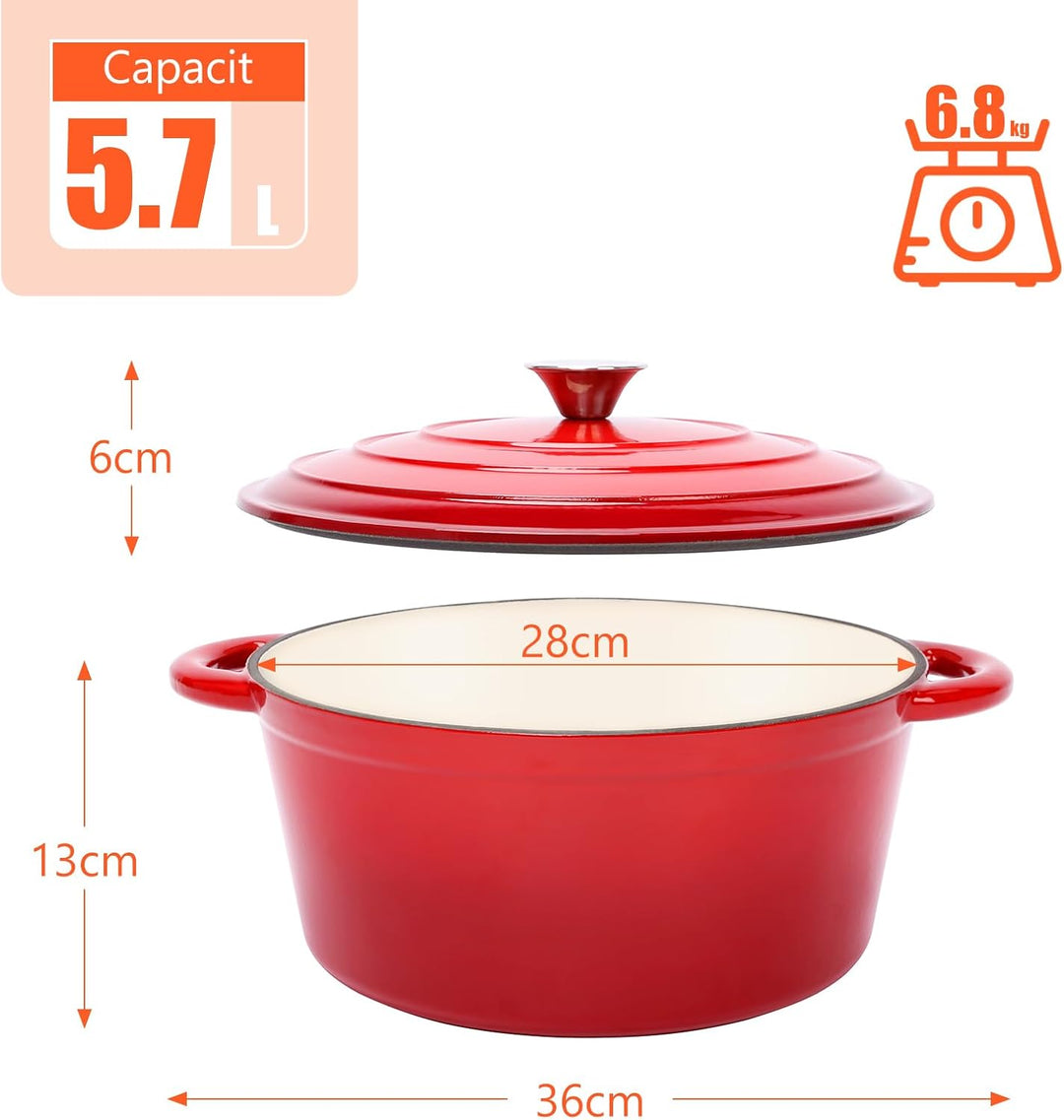 GFTIME Ø28cm Emaille Gusseisen Schmortopf mit Deckel,Dutch Oven für Zuhause, Küche, Gusseisen Bräter