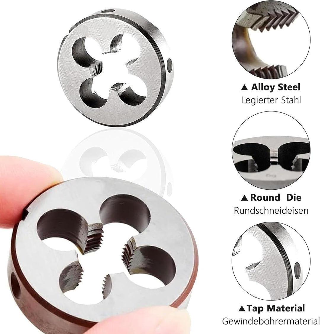 Gewindeschneid M14 x 1.5mm, HSS Gewindebohrer und Schneideisen Set, Rechtsgewinde Feingewinde Schnei