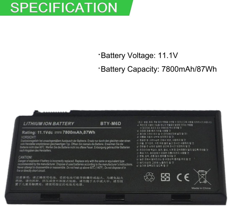 XITAIAN 11.1V 87Wh 7800mAh BTY-M6D Ersatz Laptop Akku für MSI GT783H GX660 GX660DX GX70H GX780R GT70