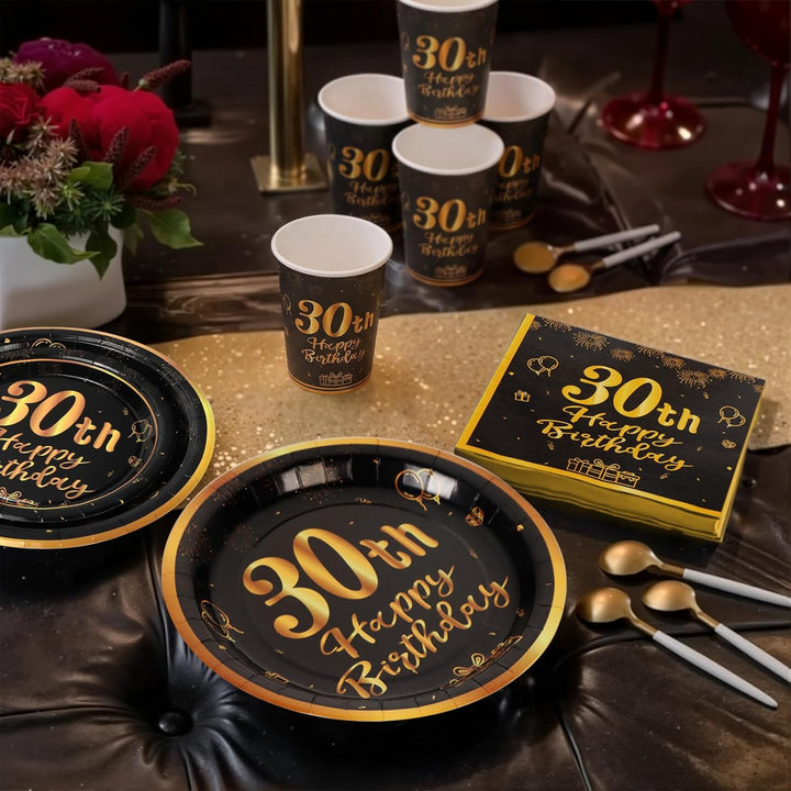 96 Stück Schwarz und Gold Geburtstag Party Geschirr Set, 30th Schwarz und Gold Geburtstag Party Gesc