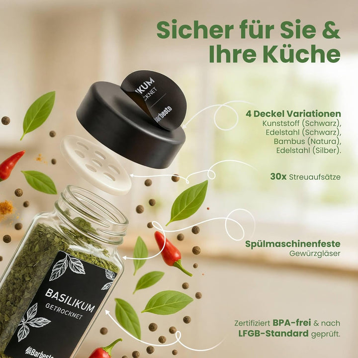 CLP Gewürzgläser eckig 24er Set (120ml), Gewürzstreuer klein mit Streueinsätzen und Etiketten, inkl.
