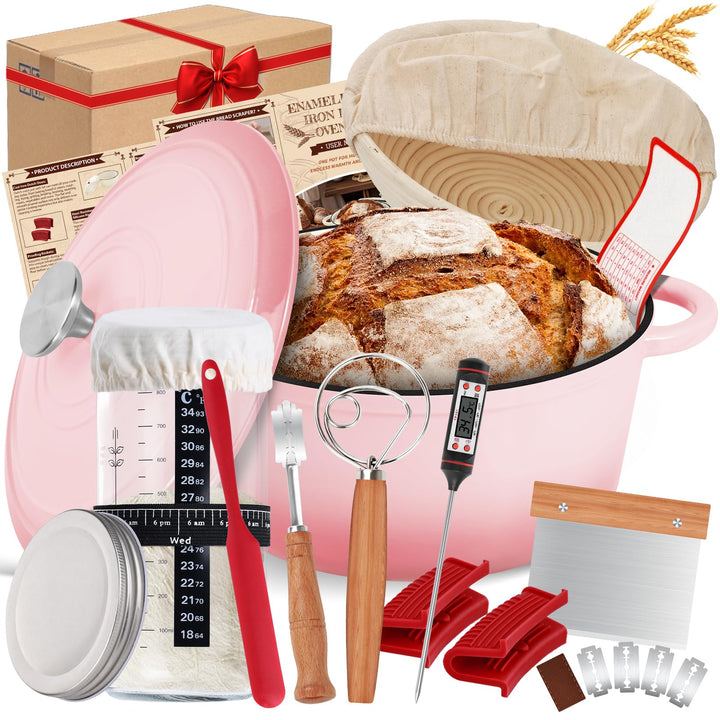 NZQXJXZ 26cm Gusseisen Topf Brot Backen 4,7L, Emaille Brotbackform mit Deckel &amp; Garkorb Komplettset,