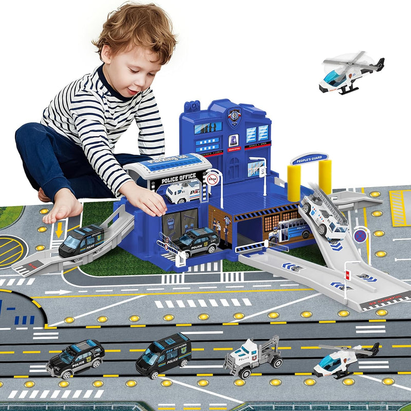 deAO City Police Station mit Polizeiauto, Hubschrauber, Polizei Büro Bauen, Polizeistation Bauspielz