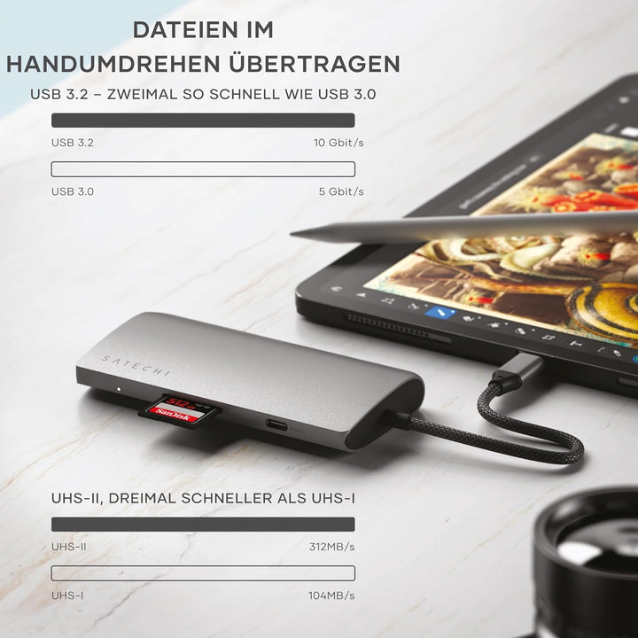 SATECHI 8-in-1 USB-C-Hub mit Ethernet, HDMI 8K@30Hz, 85 W PD-Ladefunktion, 4 x USB-C 10 Gbit/s, Date