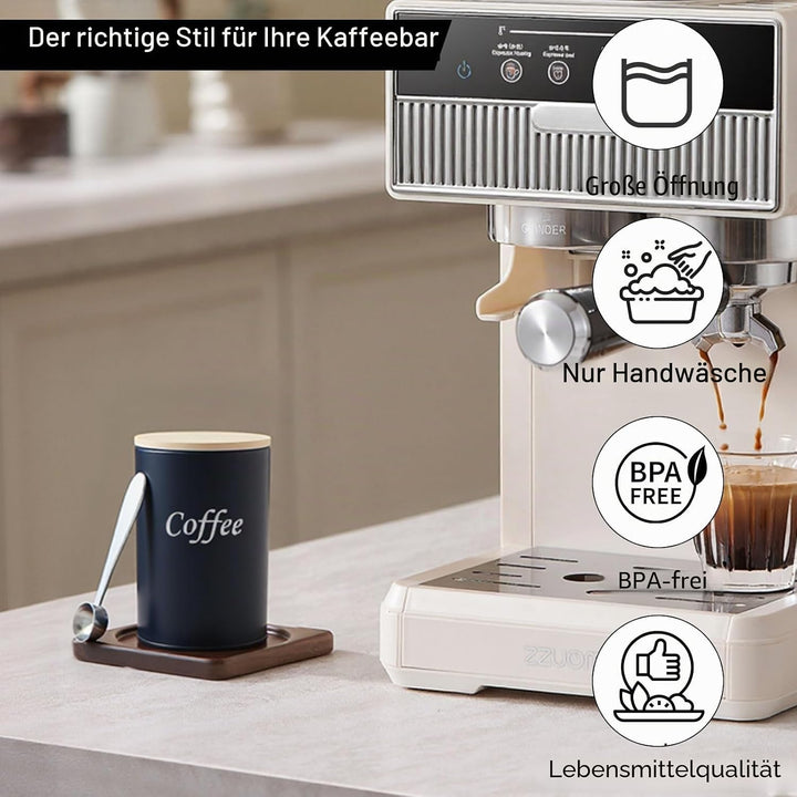 2 Stück Kaffeedose luftdicht, schwarz Kaffeepads Aufbewahrung, mit Holzdeckel, Löffel, 500ml, für Ka