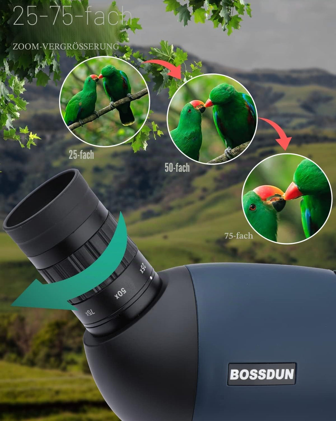 25-75x70 HD Spektiv Sportschützen mit Stativ- und Smartphone-Adapter, Zoom Bak4 Prism FMC Lens 45-Gr