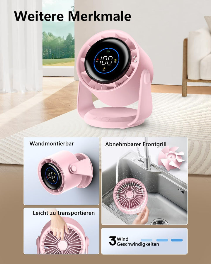 Tischventilator, USB Ventilator mit 100 Geschwindigkeitsstufen 105° Schwenkfunktion LED Display mit