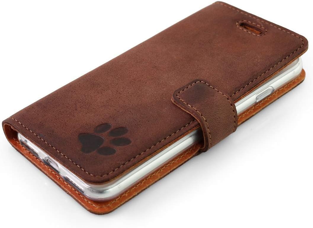 SURAZO Handy Hülle Für Xiaomi Redmi 7A - Pfote - TV RFID Nubuk Nussbraun - Ölleder Premium - Vintage