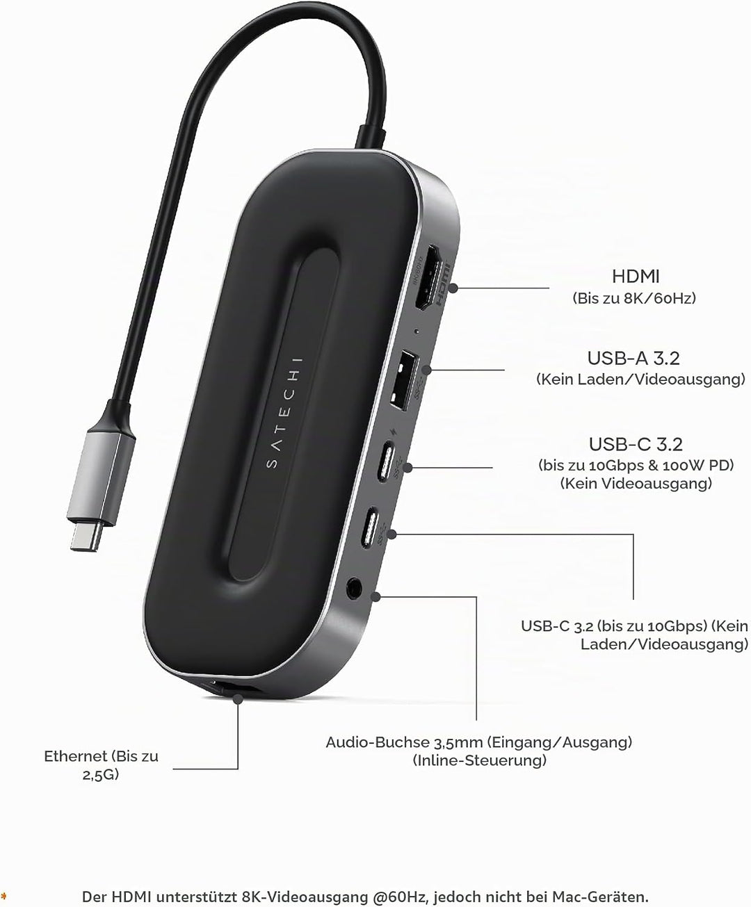 SATECHI USB4 6-in-1-Multiport-Adapter – USB-C-PD Aufladung, 8K HDMI, USB-A- und USB-C-Datenanschluss