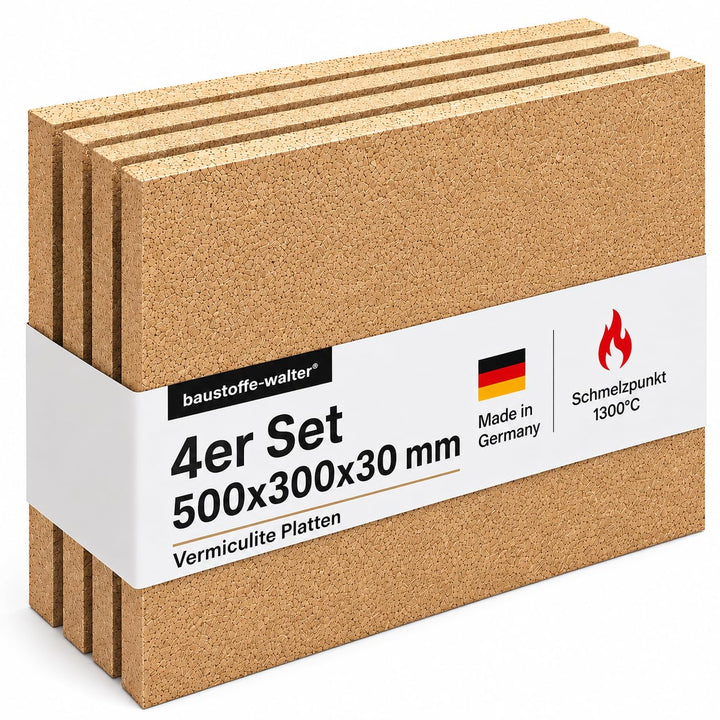 Vermiculite Schamotte Ersatz, 4 Platten 500 x 300 x 30 mm, Feuerraum Auskleidung