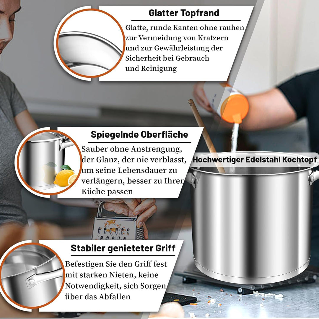 TEAMFAR Kochtopf 10L, Edelstahl Gross Topf Nudeltopf Induktion mit 3-Lagen Boden für alle Herdarten,