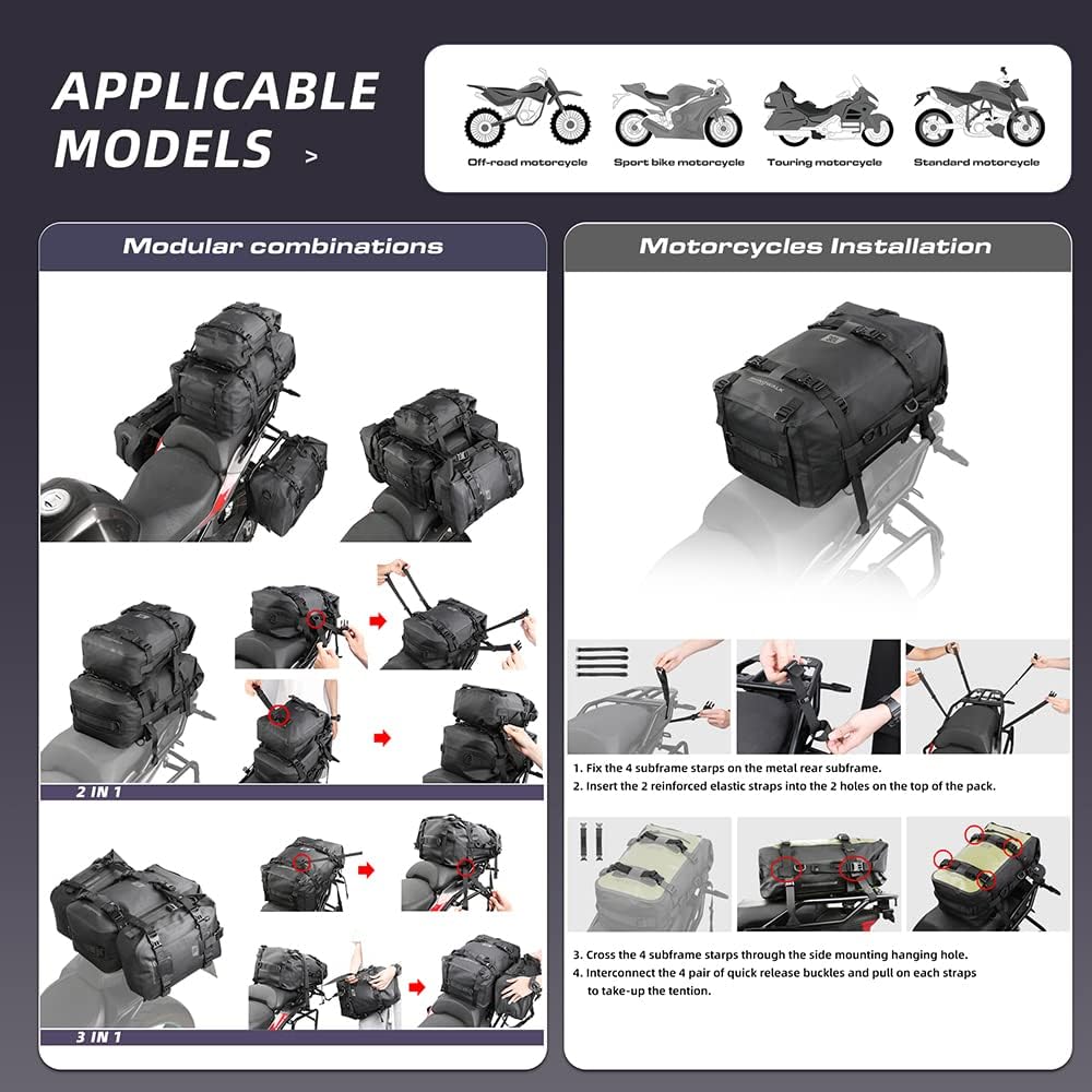 Rhinowalk Multifunktionale Motorradtasche Hecktasche Motorradgepäck 30L Motorradkoffer Satteltaschen