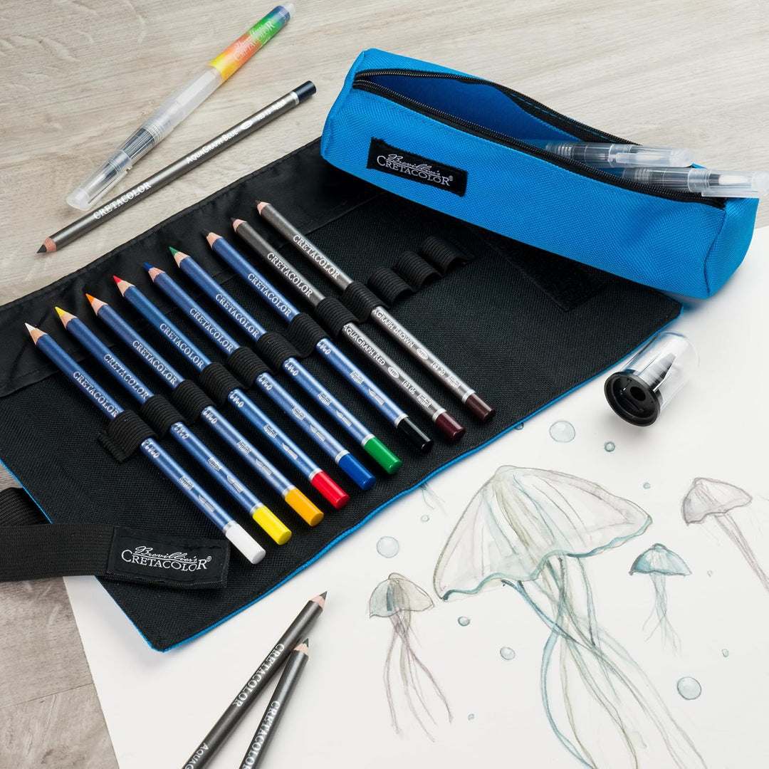 CRETACOLOR Rolletui „Aqua Set“ 25-tlg – Aquarellstifte & AquaGraph im Künstleretui – Wasservermalbar