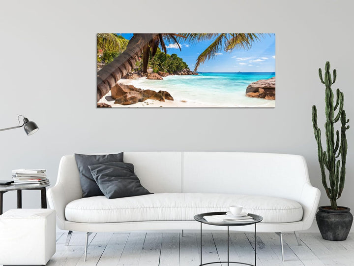Glasbild Panorama | Wandbild aus Echtglas | Palmenstrand Seychellen | 100x40 cm | inkl. Aufhängung u