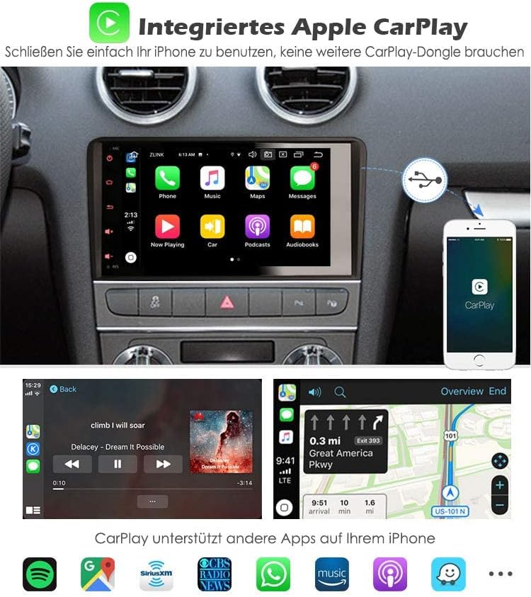 Erisin Android 10.0 Autoradio mit GPS Navi Für Audi A3 S3 RS3 RNSE-PU Bluetooth WiFi DAB+ OBD2 TPMS