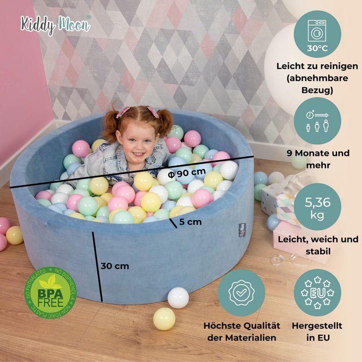 KiddyMoon Velours Bällebad Rund für Babys 90x30 mit 200 Bälle 7cm Ballgruben Sensorik Spielzeug Wald