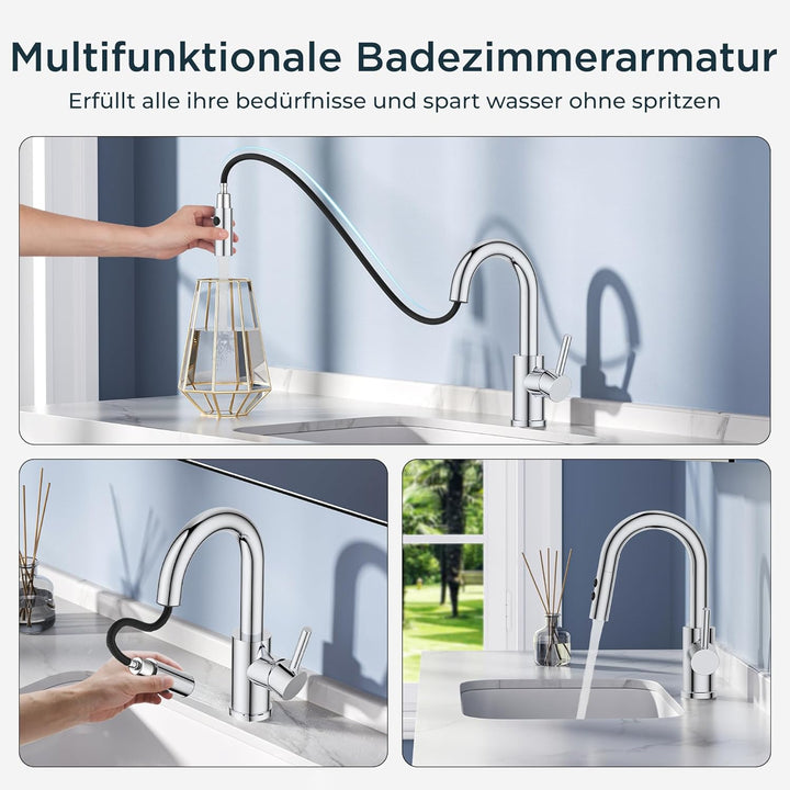 FORIOUS Wasserhahn Bad mit Ausziehbarer Brause, Edelstahl Waschtischarmatur Hoch mit 2 Strahlarten,