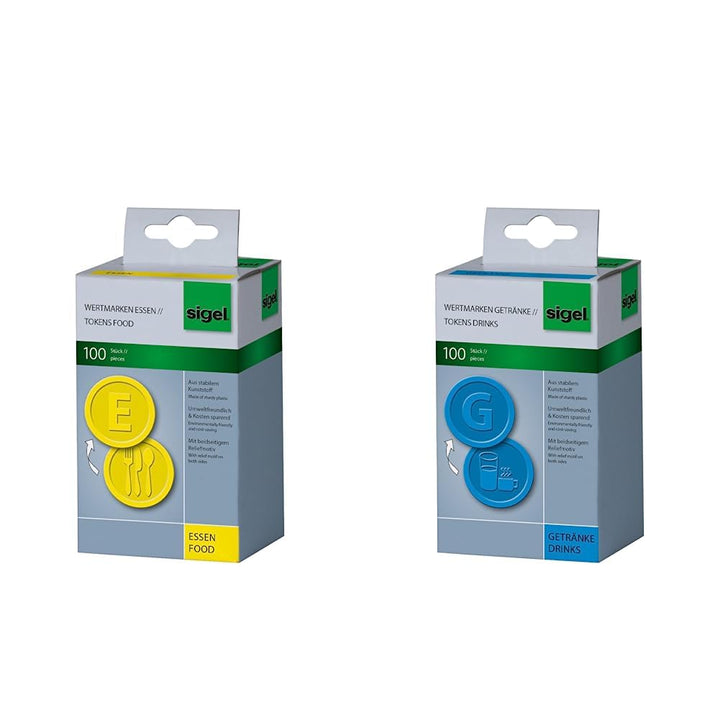 SIGEL WM002 Wertmarken Chips/Pfandmarken Essen, gelb, 100 Stück & WM007 Wertmarken Chips/Pfandmarken