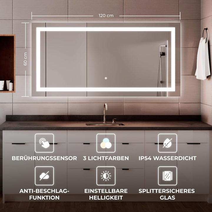 BR Bringer LED Badspiegel - 120x60 cm - Badezimmerspiegel mit Beleuchtung und Anti-Beschlag Funktion