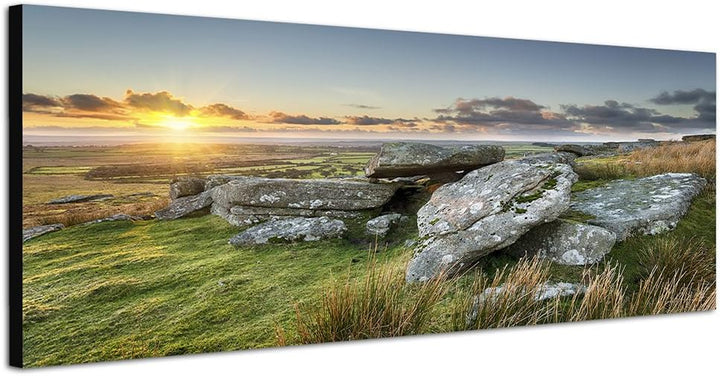 Paul Sinus Art Panoramabild auf Leinwand und Keilrahmen 150x50cm Cornwall Wiese Steine Meer Sonnenun
