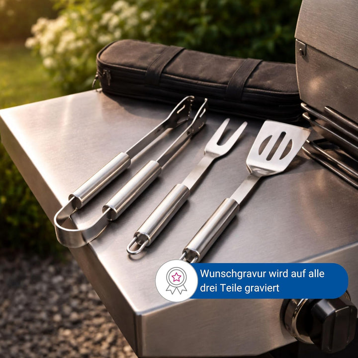 Personalisiertes 3er Grillset mit Tasche - Edelstahl Grillzange, Grillgabel und Wender - personalisi