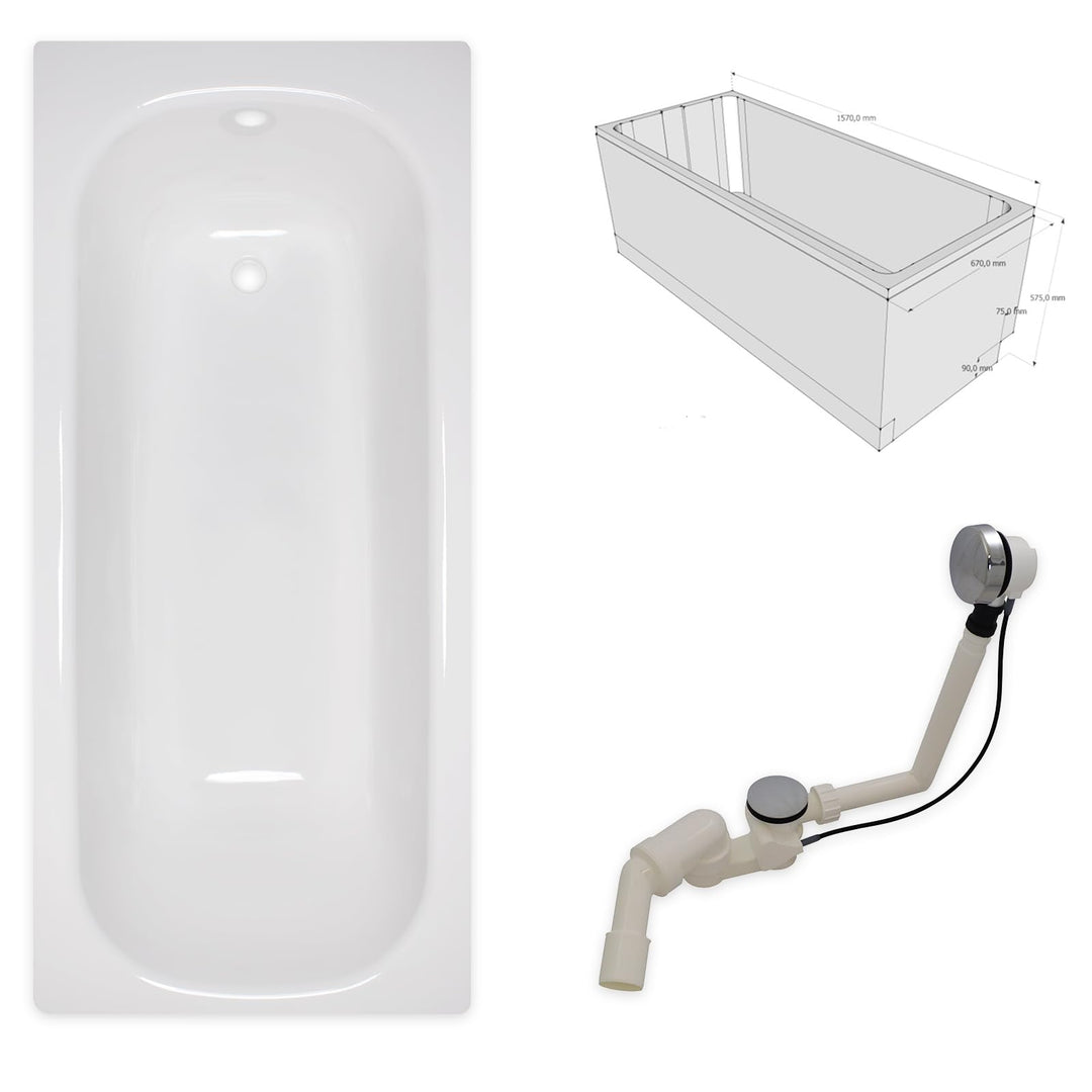 sanicomfort Badewannenset 160x70 cm aus Stahl-Email | 2,4 mm | Rechteckige Badewanne weiss | inkl. S