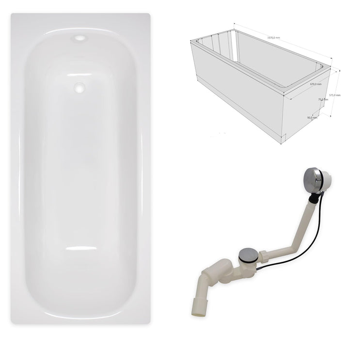sanicomfort Badewannenset 160x70 cm aus Stahl-Email | 2,4 mm | Rechteckige Badewanne weiss | inkl. S