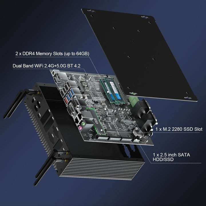 HISTTON Lüfterlos Mini PC Core i5-10210U, 16GB RAM 512GB M.2 SSD, Industrie PC mit 6 RS232 COM, HD+D